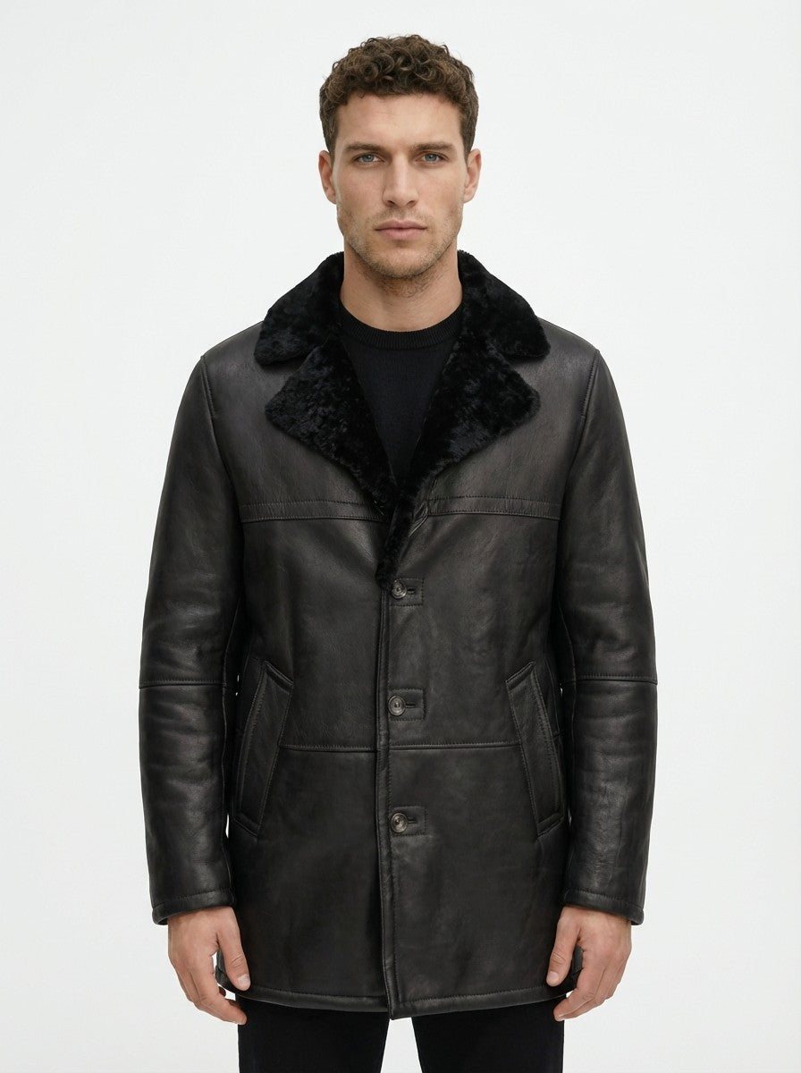 4500$ HETTABRETZ Black Shearling Leather Coat Nappa Made Italy 38 US / 48 IT