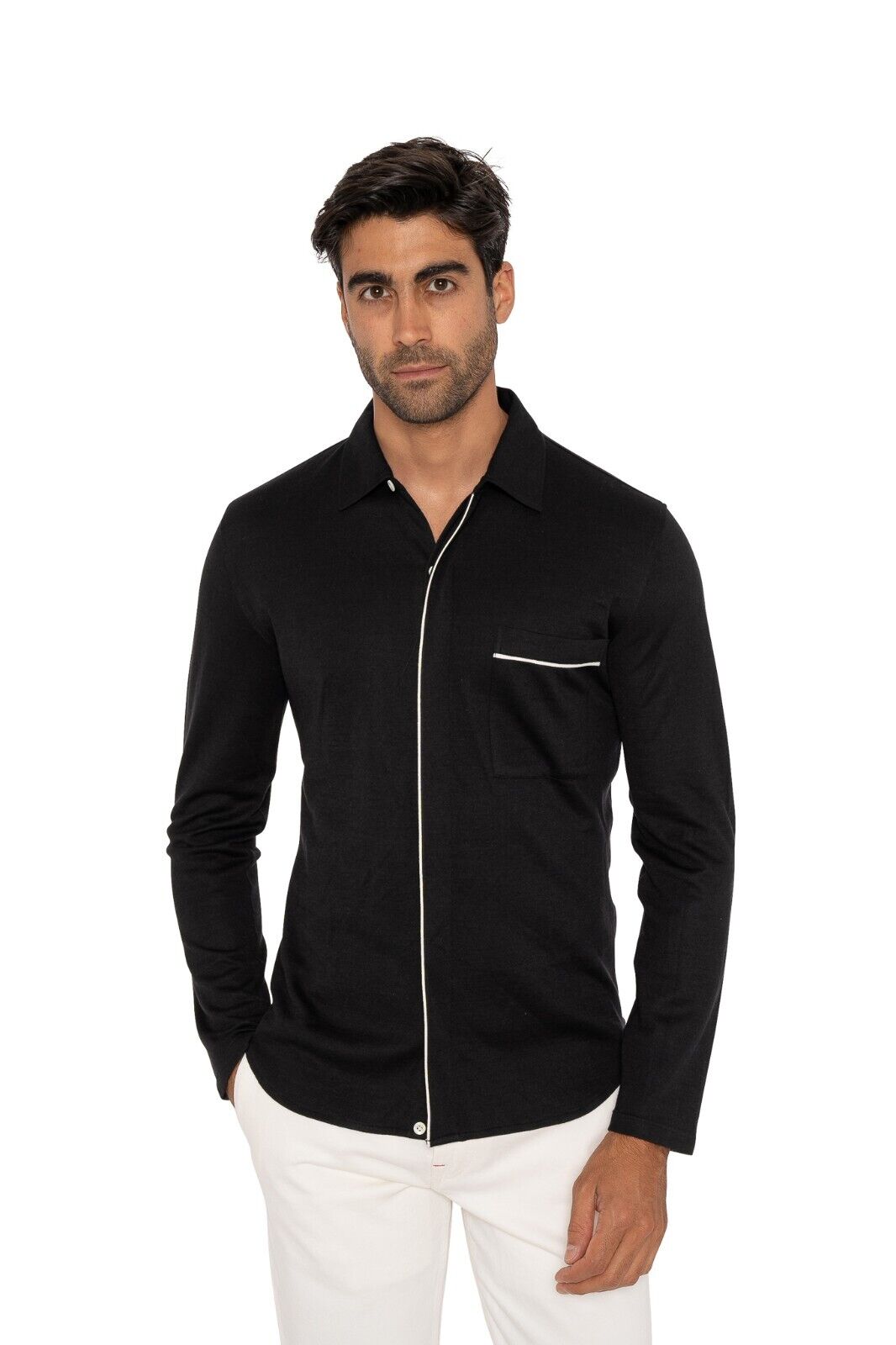 1800$ ISAIA NAPOLI Black Sweater Cardigan Shirt Cashmere / Silk  15.5 - 39