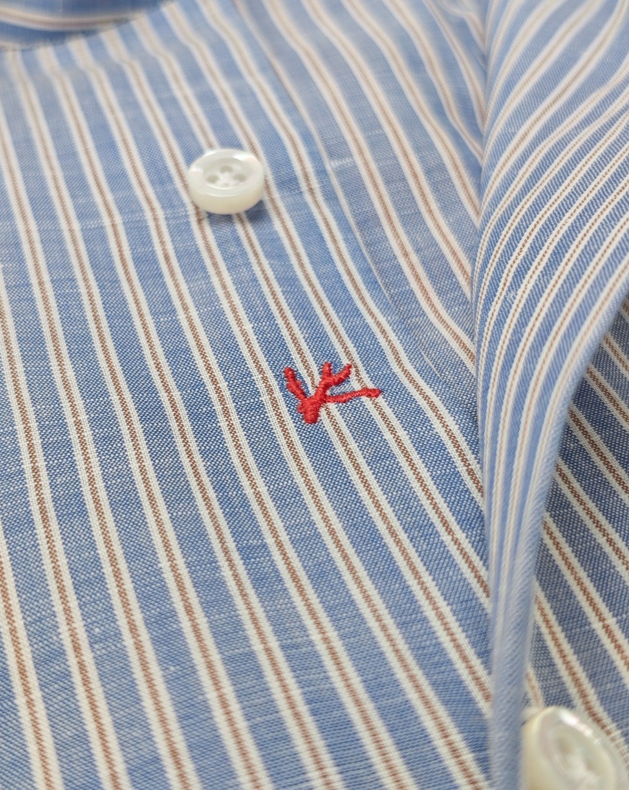 780$ ISAIA NAPOLI "Mix" Blue / White Dress Shirt Striped Cotton Linen 17.5 - 44