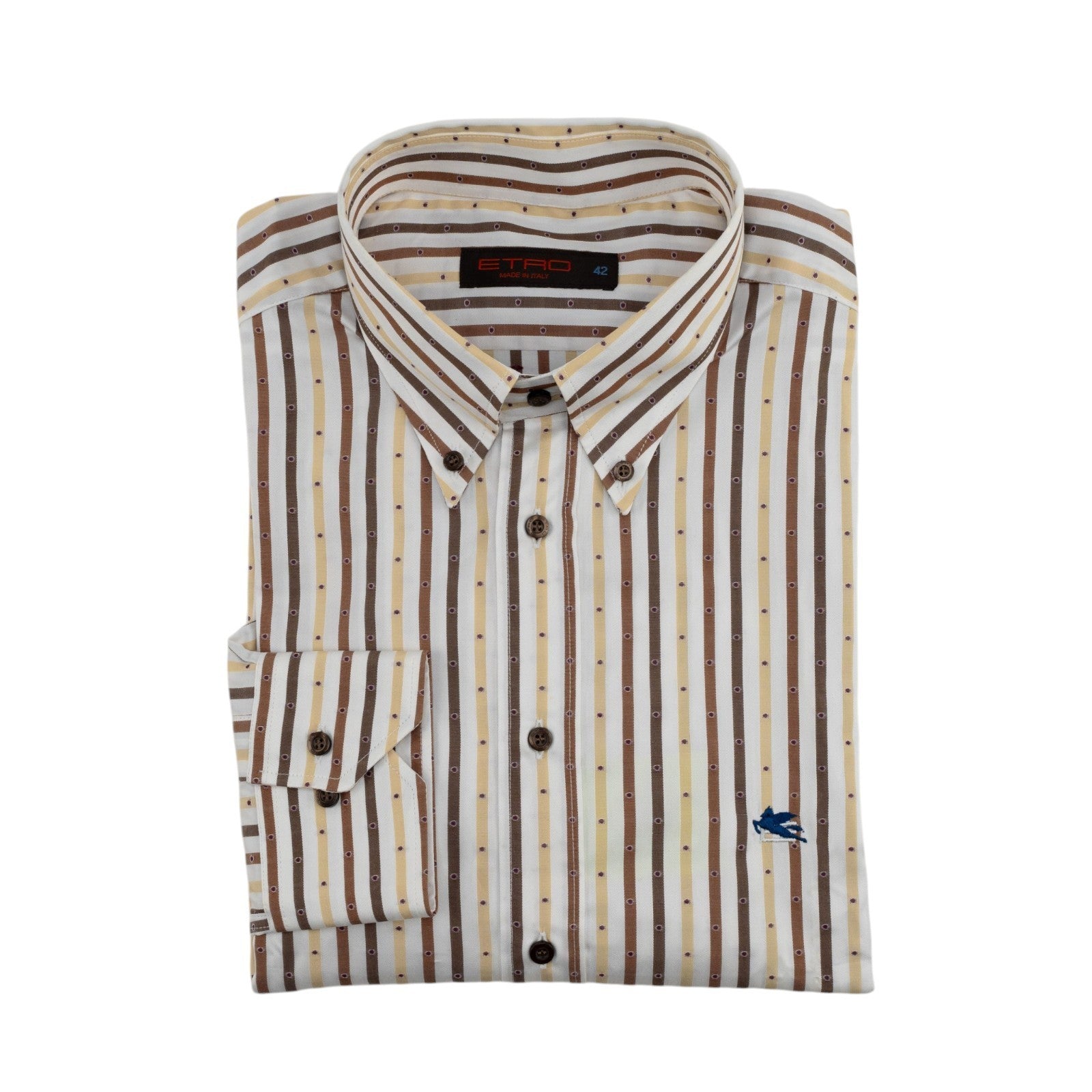 500$ ETRO MILANO Shirt Striped Yellow Brown Button Down 100% Cotton 16.5 - 42
