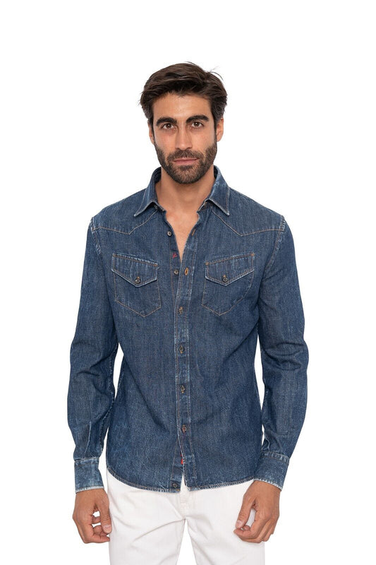 $900 ISAIA NAPOLI Blue Denim Shirt Washed Cotton 36 US / 46 EU