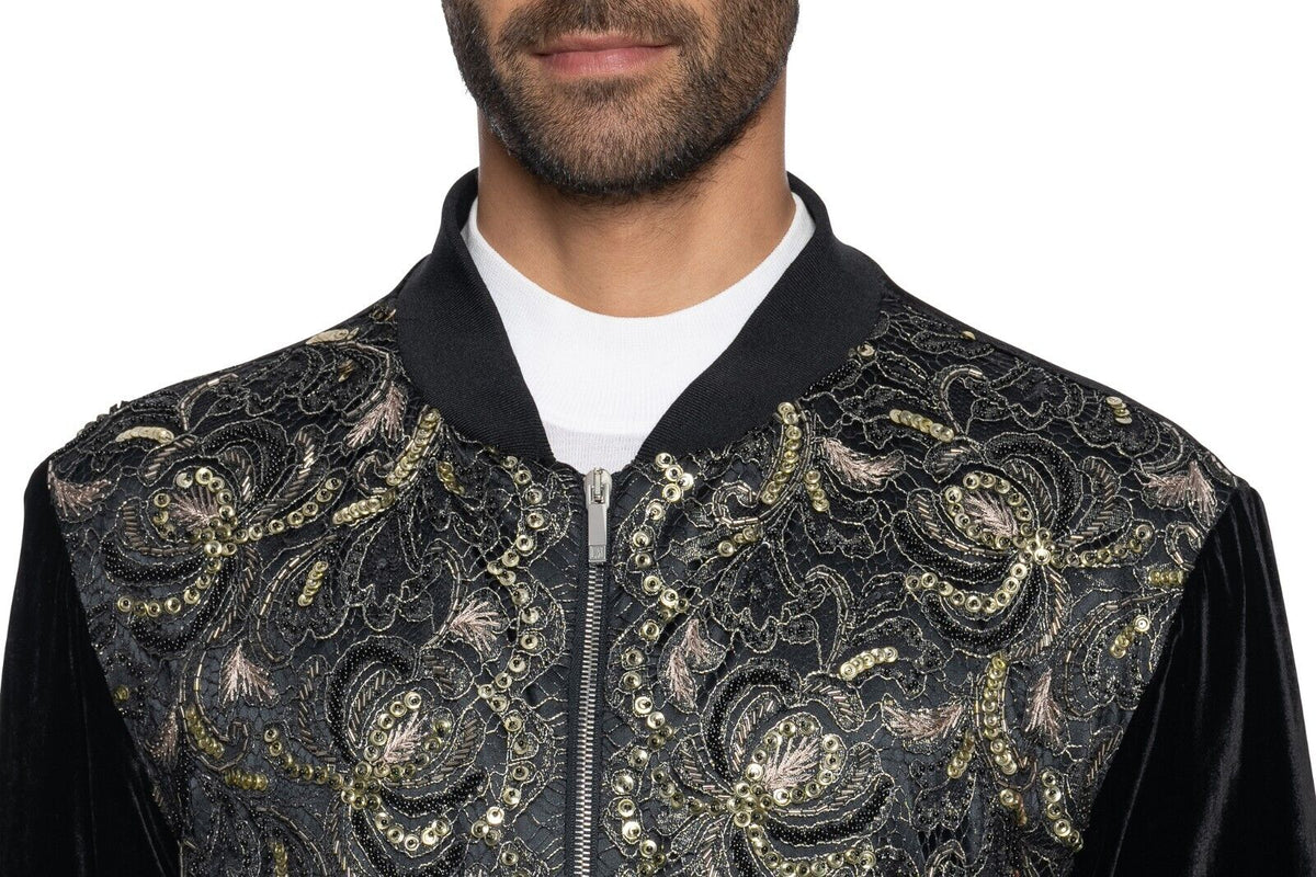 2000$ ITALO FERRETTI Bomber Jacket Velvet "PAYETTES" Lining Silk  40 US / 50 EU