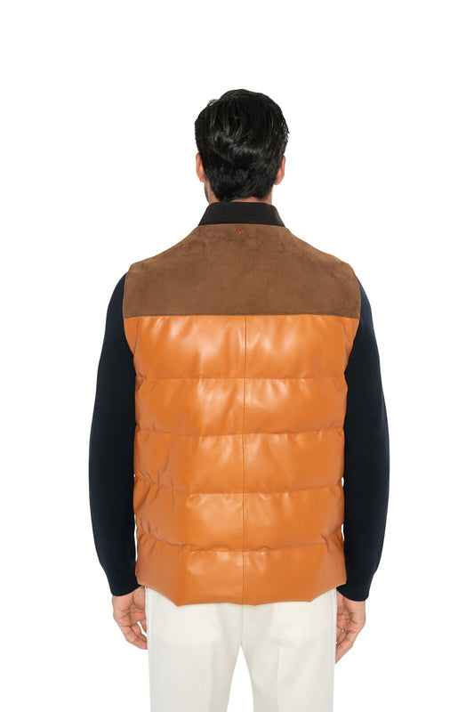 4400$ ISAIA NAPOLI Cognac Puffer Vest Jacket Soft Lambskin Leather 38 US / 48 EU