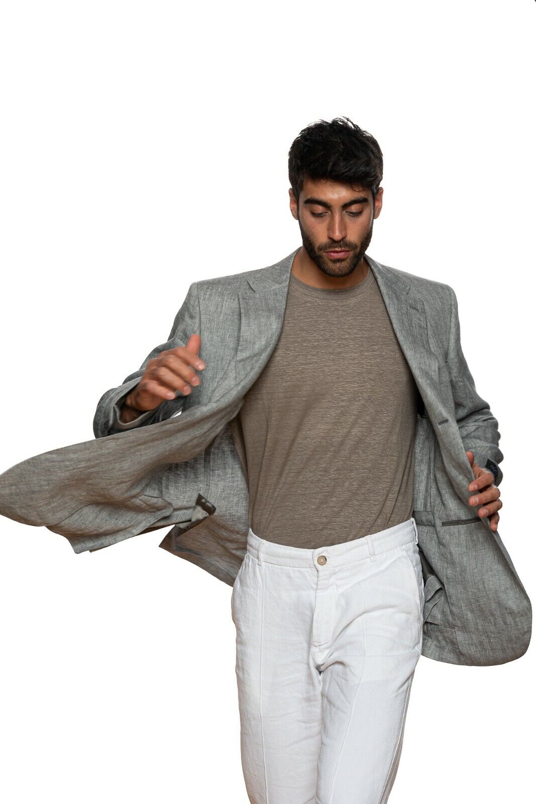 2190$ BELVEST Gray Herringbone Pure Linen Jacket Blazer 42 US / 52 EU 7 R