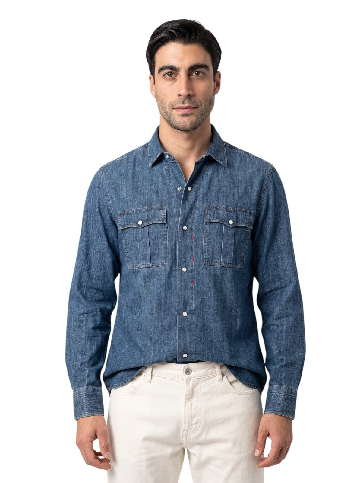 730$ ISAIA NAPOLI Denim Western Shirt Hand-Sewn Blue Cotton 15.5 - 39
