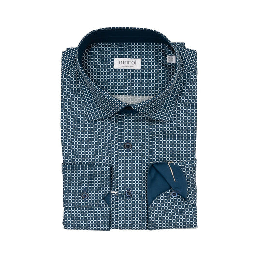 1400$ LUXURY MAROL BOLOGNA Geometric Shirt Blue 100% COMO SILK Satin  15.75 - 40