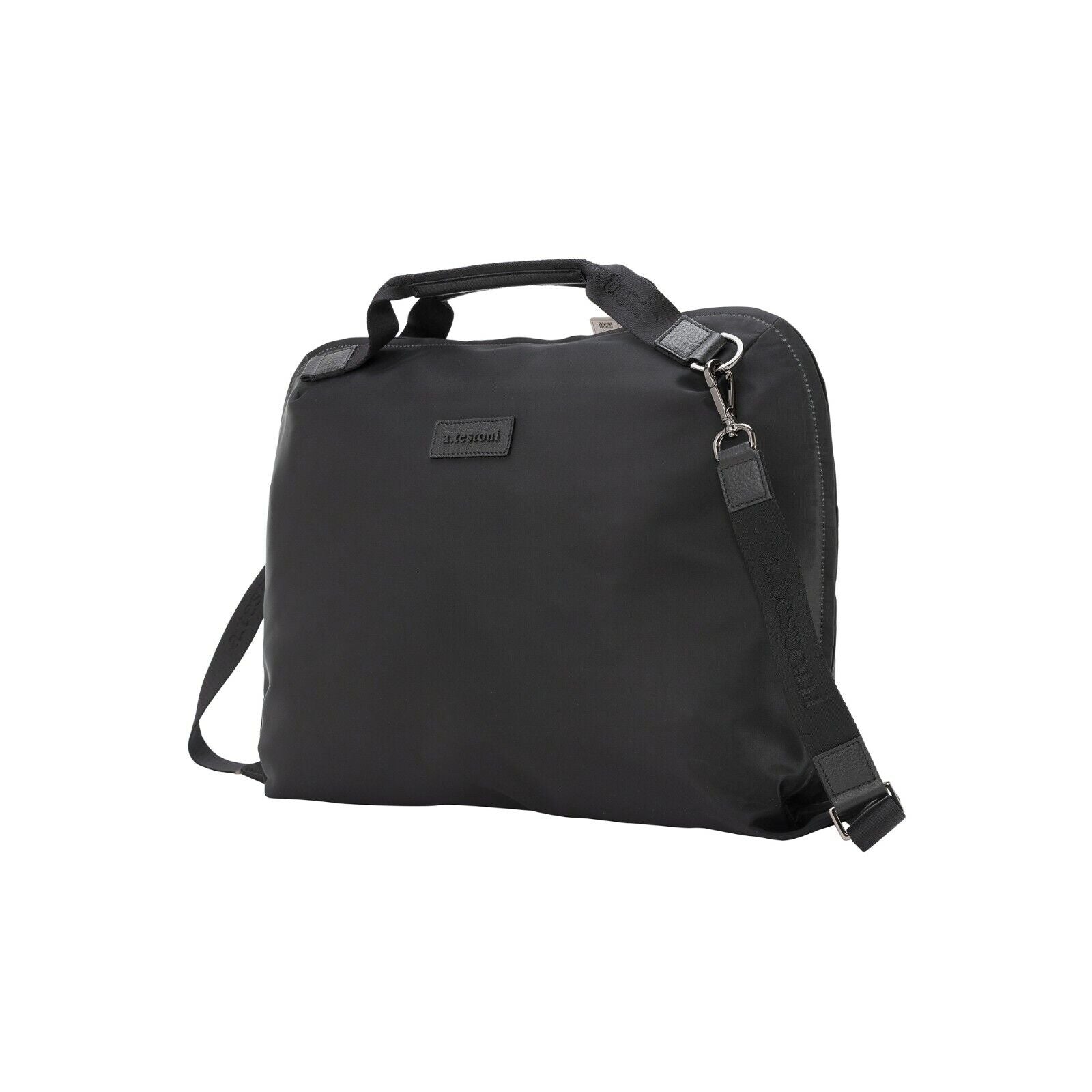 $650 Testoni Bologna Briefcase Bag Fabric + Karibu Calf Black + Shoulder Strap