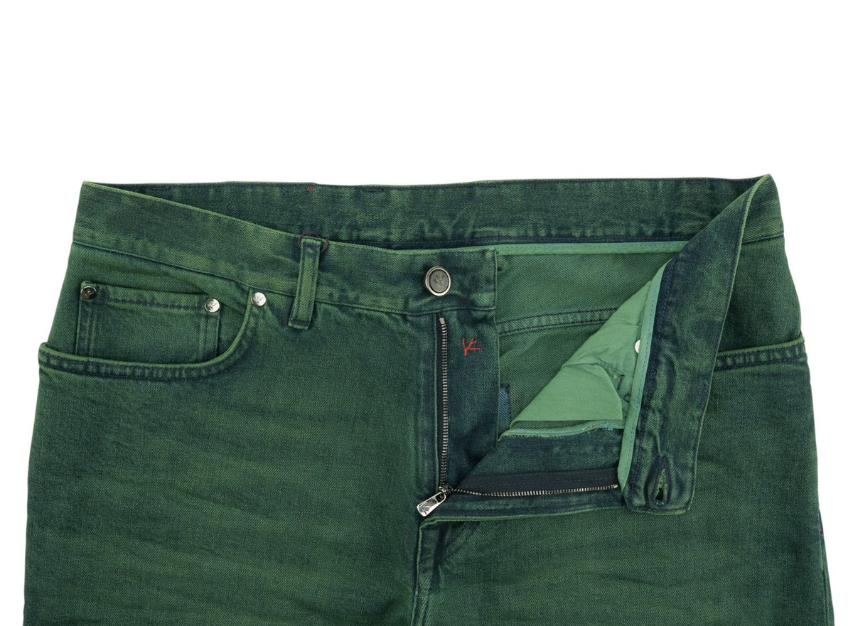 795$ ISAIA NAPOLI "Forcella" Green Denim Jeans Pant Cotton Wide Fit 32 US /48 EU