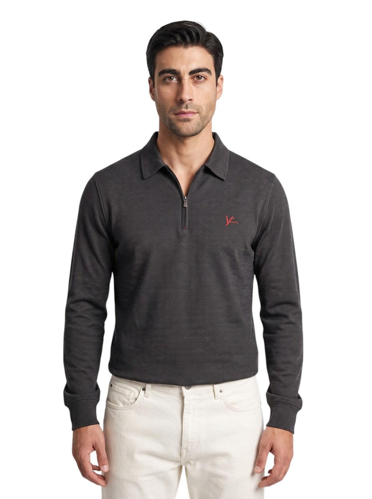 1200$ ISAIA NAPOLI " Logo" Gray Polo Zip Long Sleeve Knit Wool Jersey