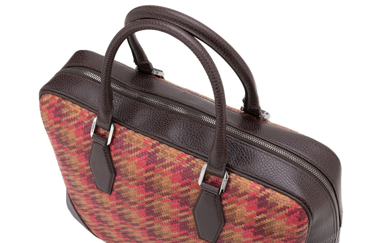 $1650 Testoni Bologna Brown Briefcase PC Case Bright Woven Karibu Calf 
