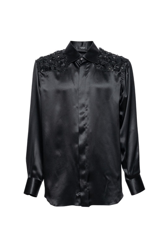 1600$ ITALO FERRETTI " FLOWER EMBROIDERED " Shirt Black 100% Silk 16 - 41 BIJAN