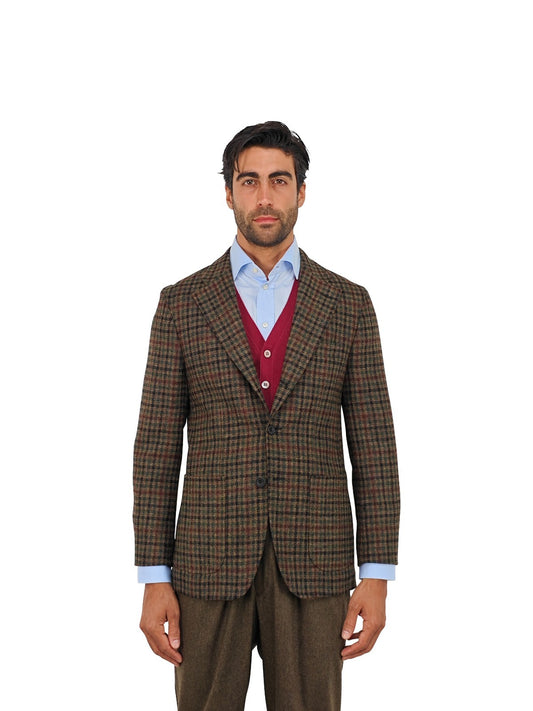 $1690 RUBINACCI NAPOLI Green Brown Checks Jacket English Wool Handmade in Napoli
