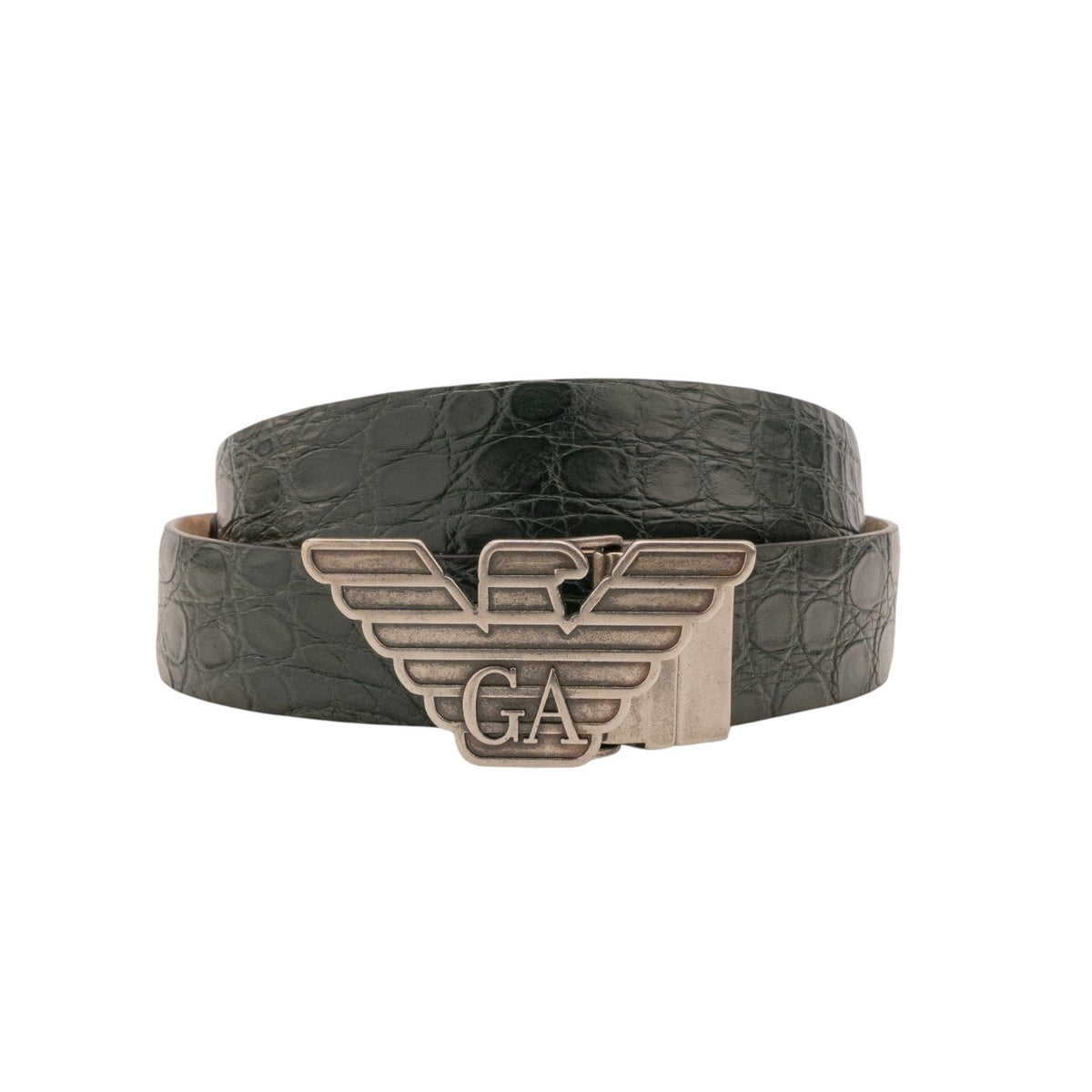$2200 GIORGIO ARMANI Belt Emerald Green GA Eagle Logo Alligator Leather Size 110