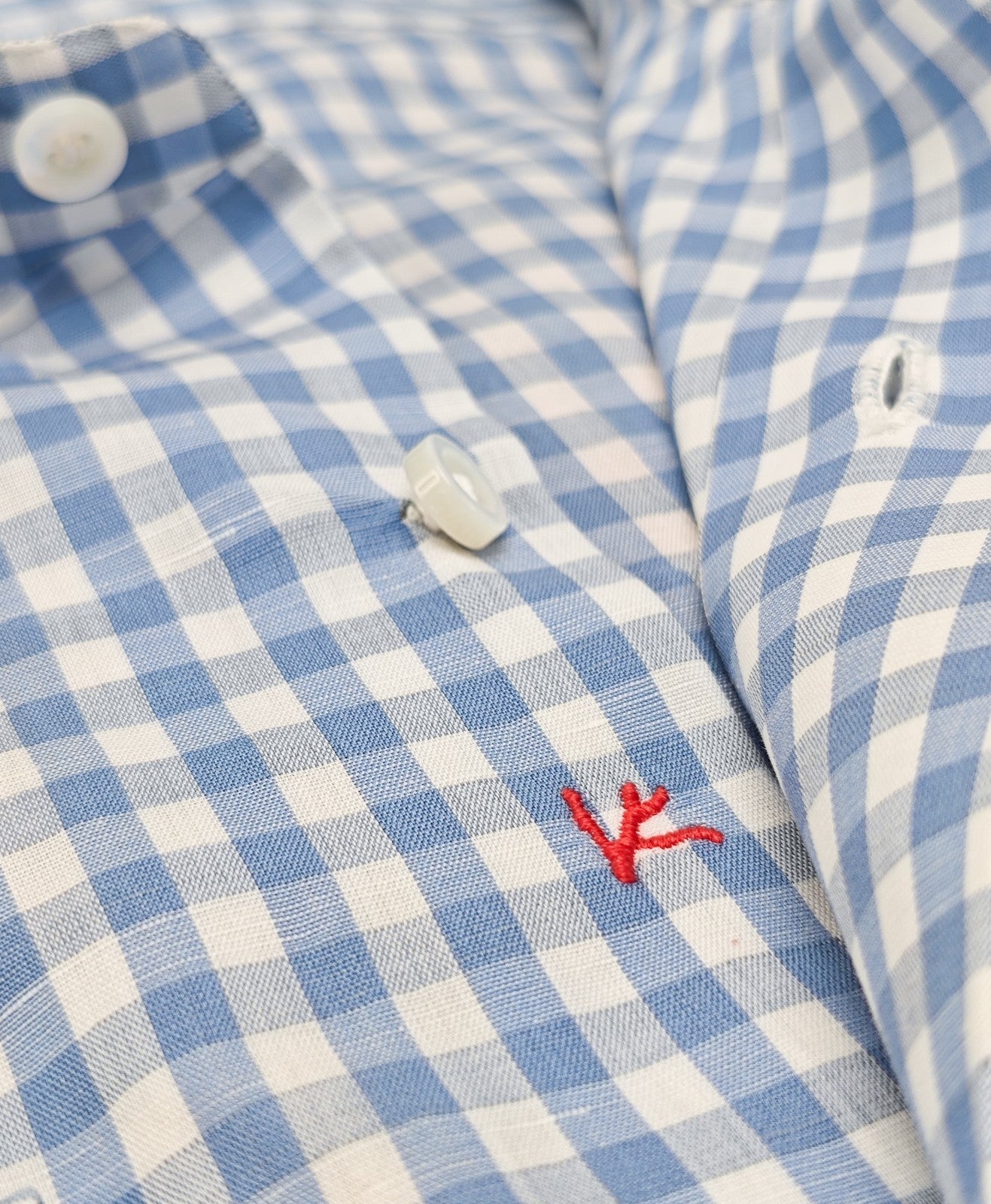 760$ ISAIA "Milano" Dress Shirt Blue Checks Hand-Sewn Cotton - Linen 16.5 - 42