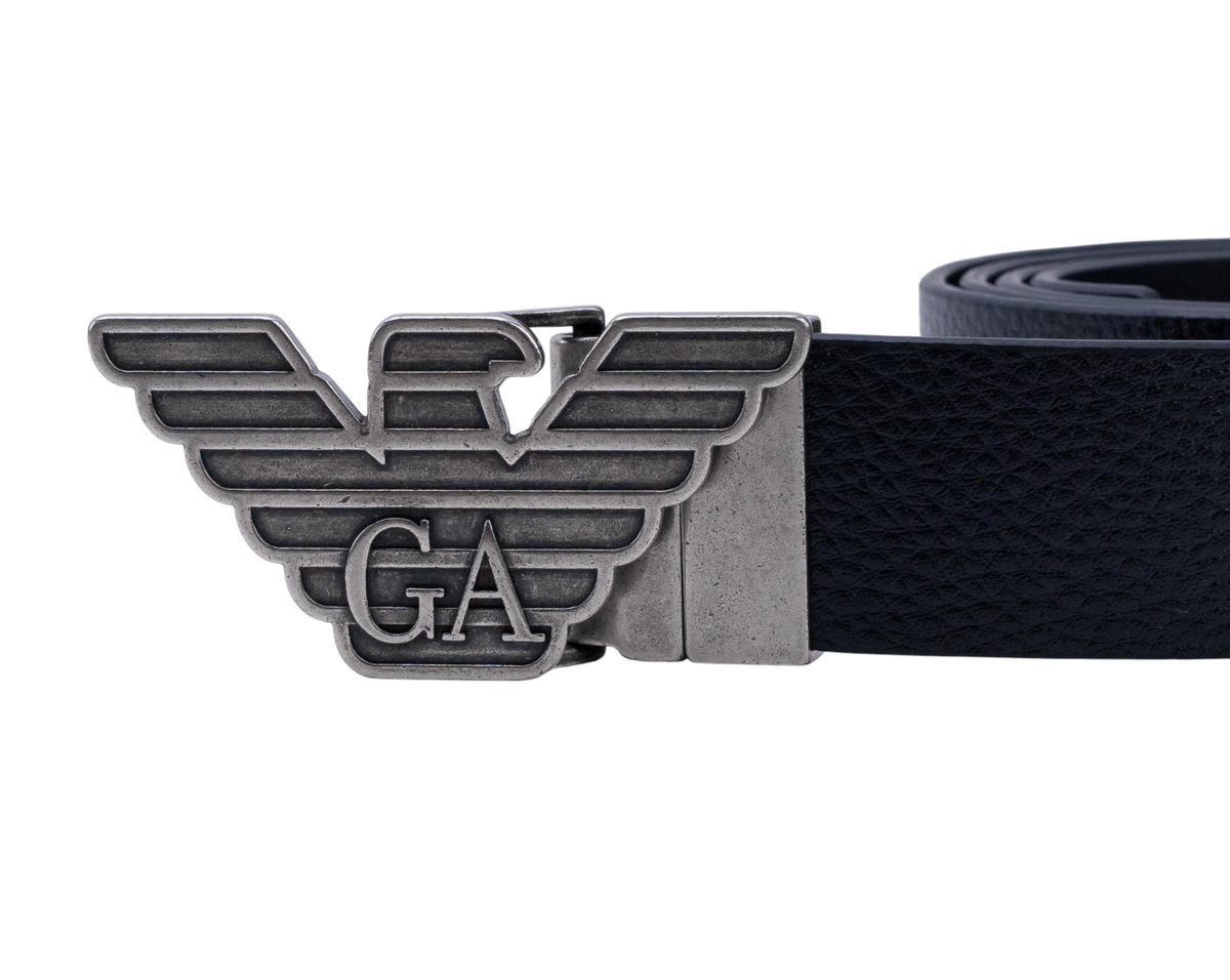 $520 GIORGIO ARMANI Belt Eagle GA Buckle Blue Leather Reversible Size 110