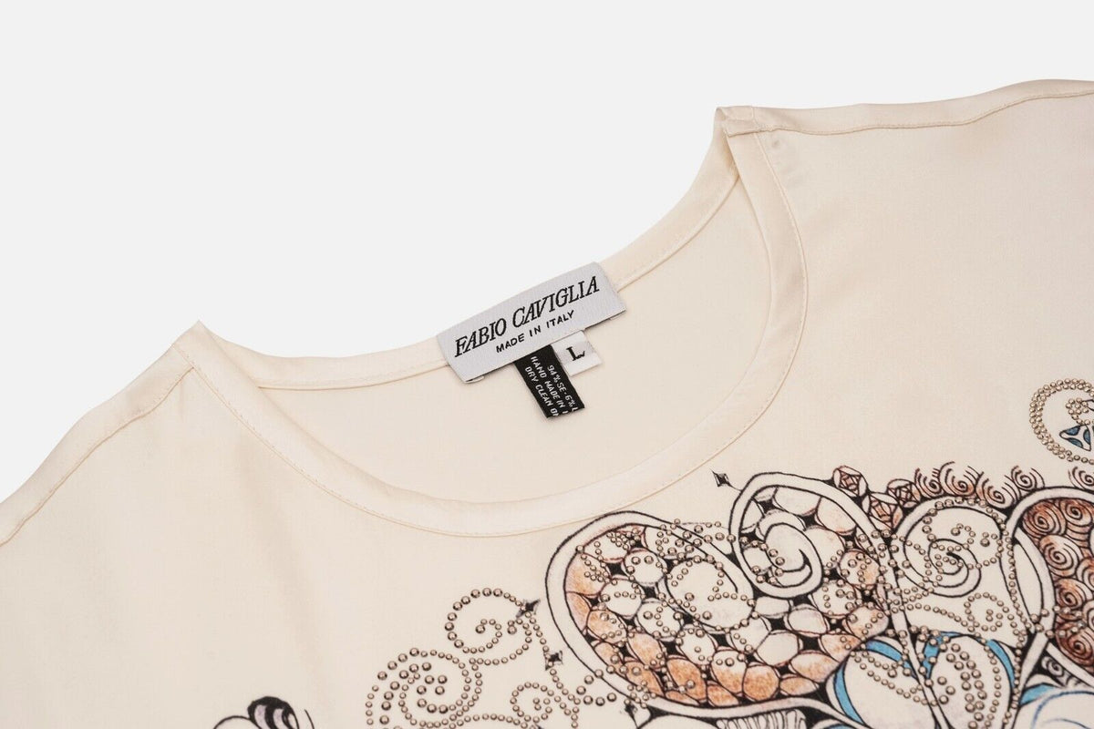 750$ LUXURY FABIO CAVIGLIA T-Shirt "Rooster" 100% Silk COMO STRETCH Size L