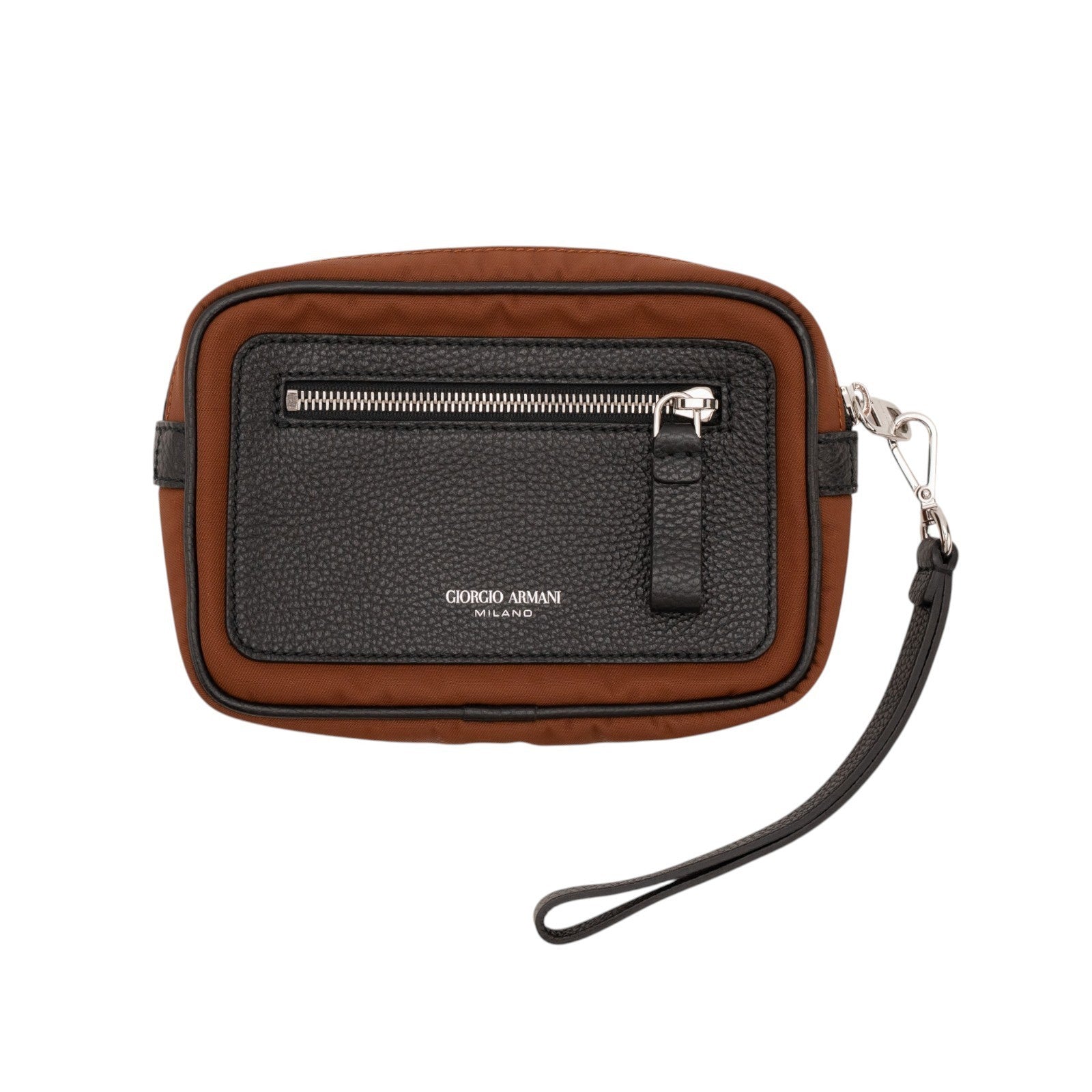 800$ GIORGIO ARMANI Beauty Case Cognac Black Tech Fabric + Leather Wrist Strap