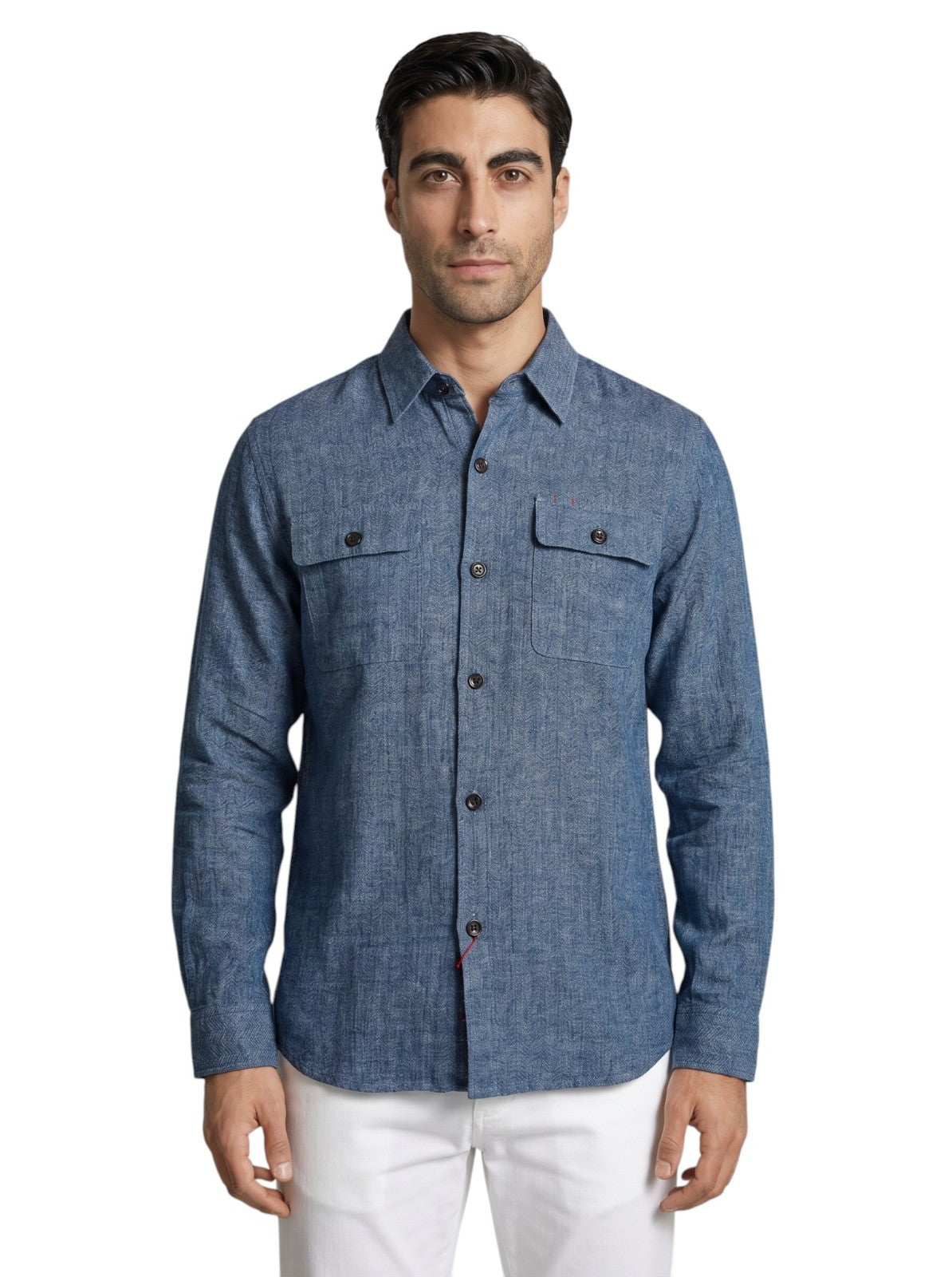 $1550 ISAIA Blue Hand-Sewn Overshirt Jacket 100% Linen Herringbone Size M