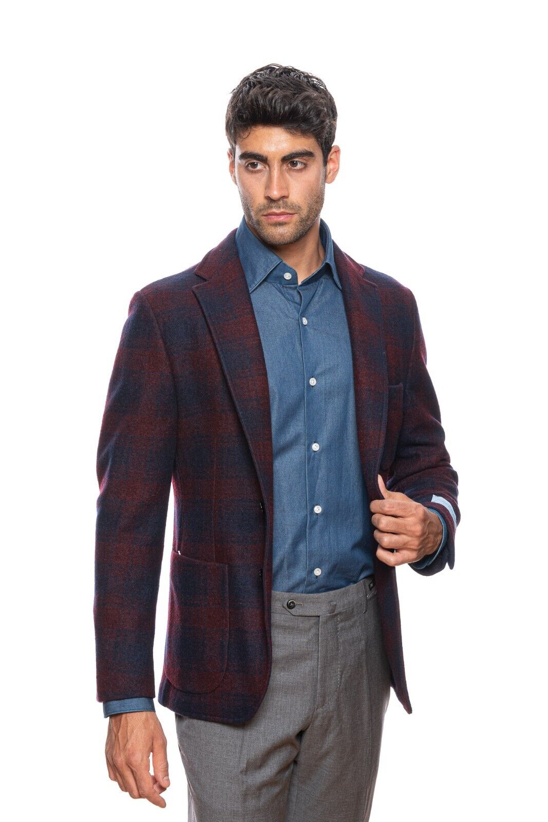 $1980 BELVEST Wool Check Burgundy Blue Jacket 38 US / 48 EU Drop 7R
