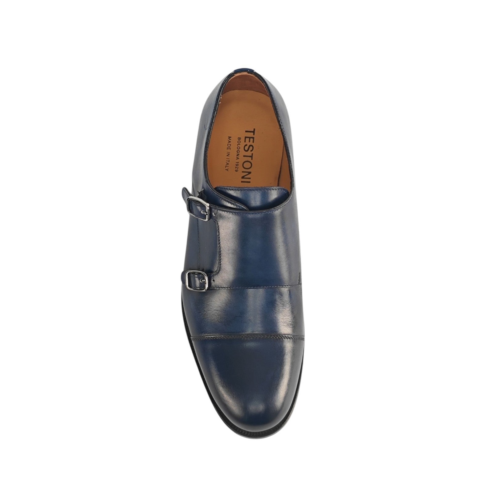 1250$ TESTONI "Trento" Blue Double Monk Shoes Antiqued Calf 8 UK / 9 US / 42 IT
