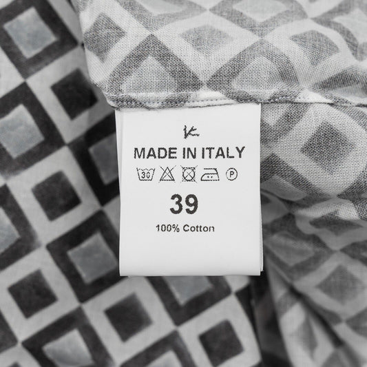 850$ ISAIA NAPOLI Gray Geometric Shirt Camp Collar Fine Cotton 15.5 - 39