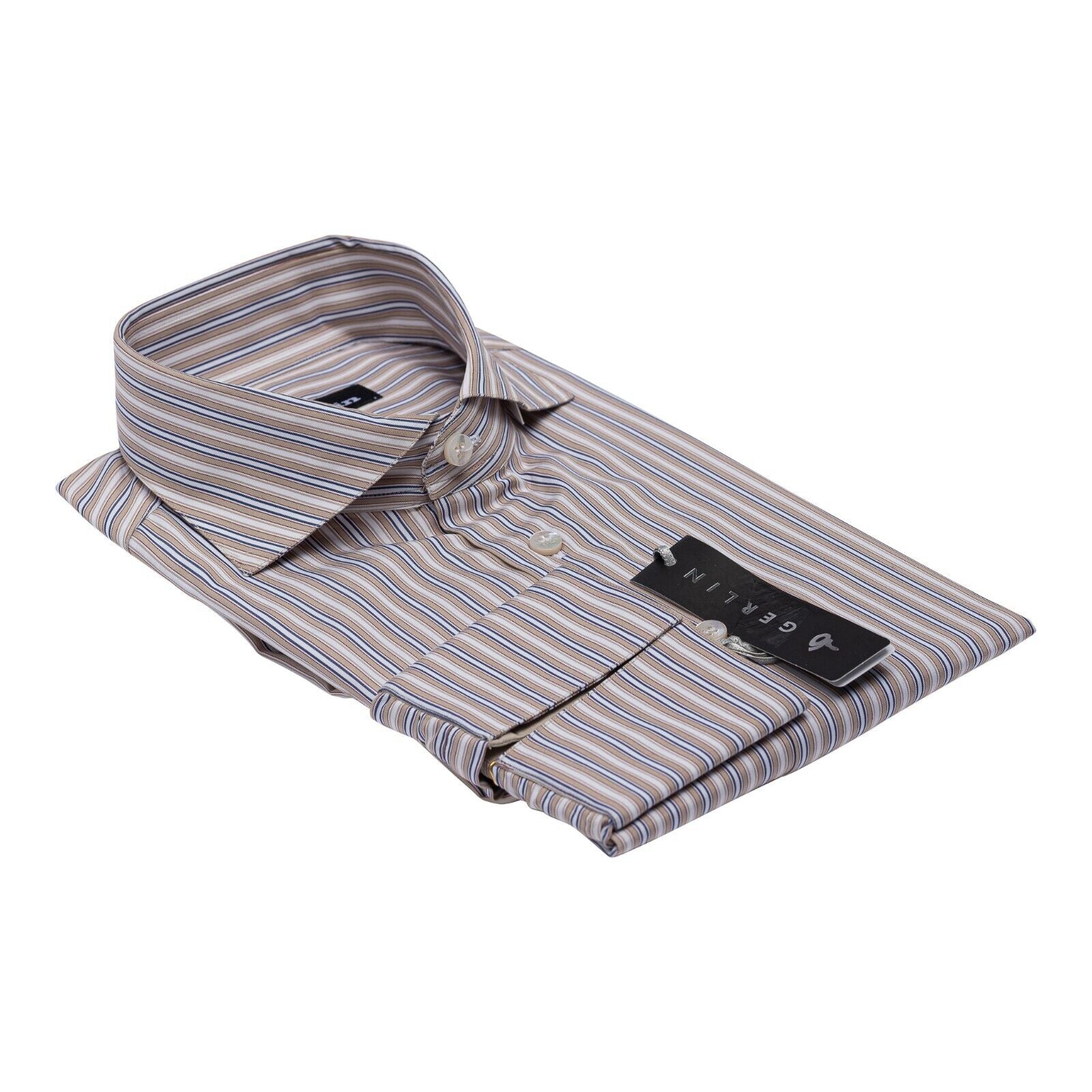 690$ LUXURY GERLIN Shirt "CAPRI" Striped Beige Cotton 16 - 41 - 1M BIJAN