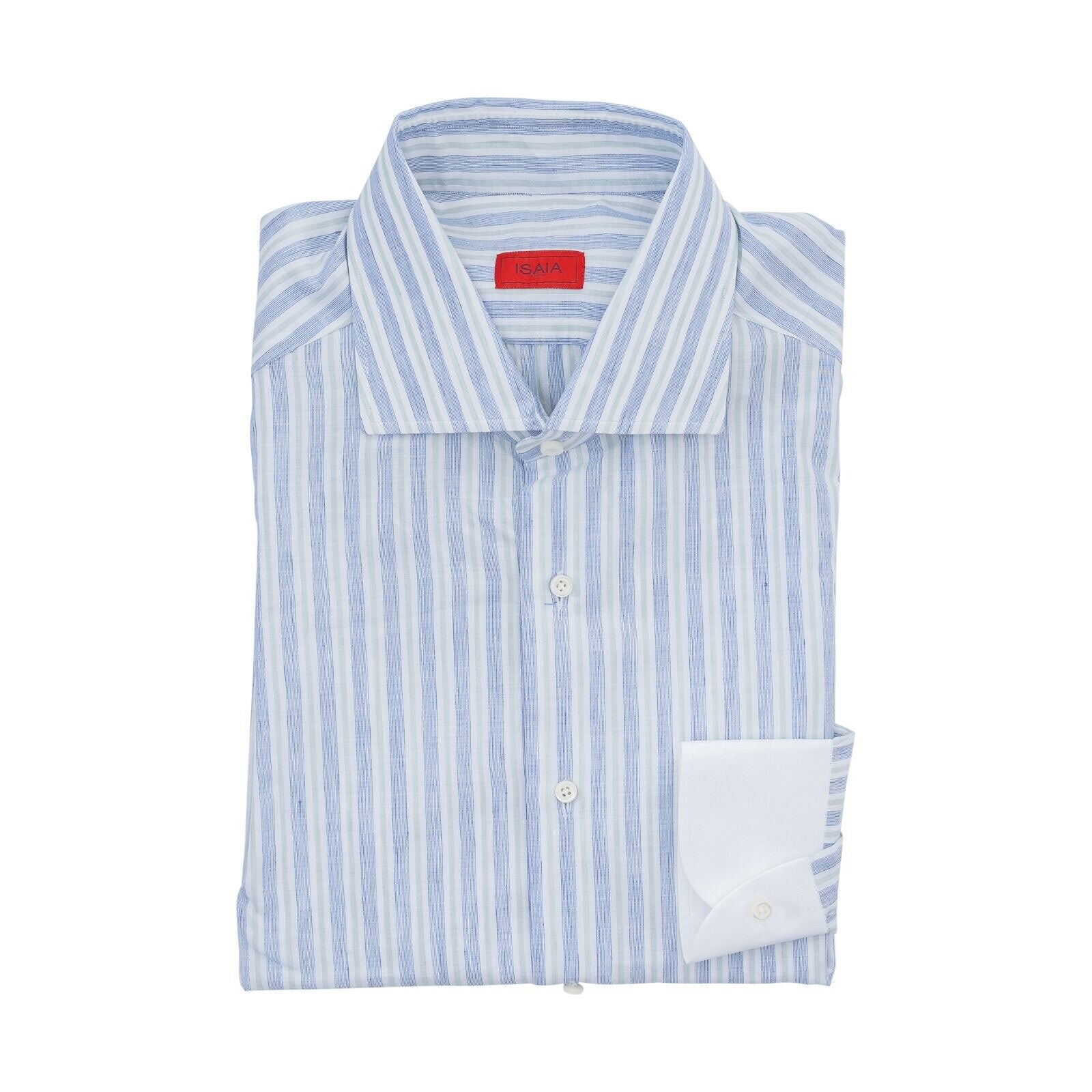 690$ ISAIA NAPOLI Blue Striped Mix Hand-Sewn Casual Shirt Cotton Linen 16 - 41
