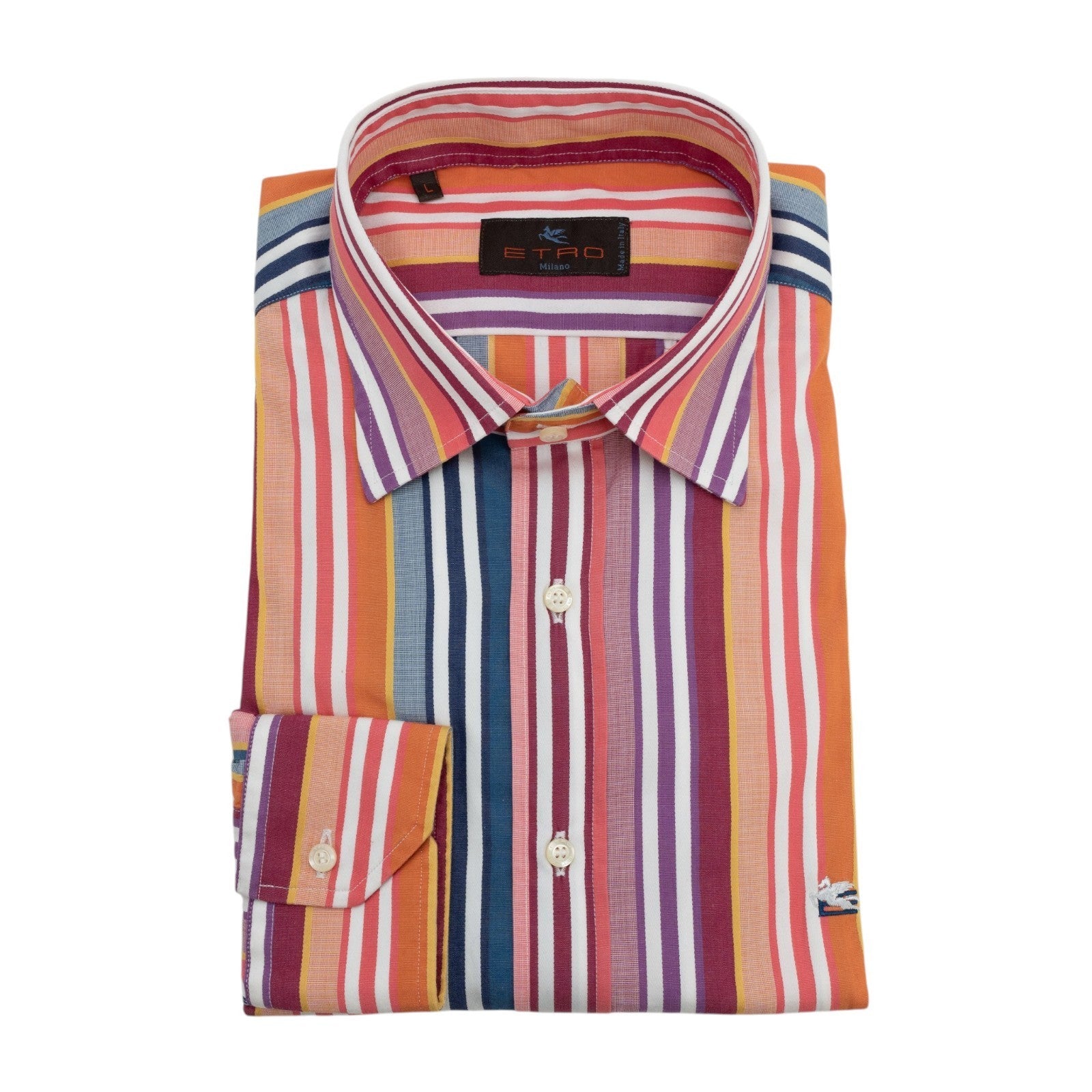500$ ETRO MILANO Shirt Striped Multicolor Spread Collar 100% Cotton Size L