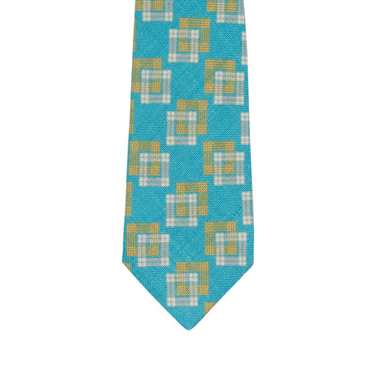 $330 KITON NAPOLI 7 - Fold Tie Geometric Blue Sky 100% Silk  148cm - 8.5cm