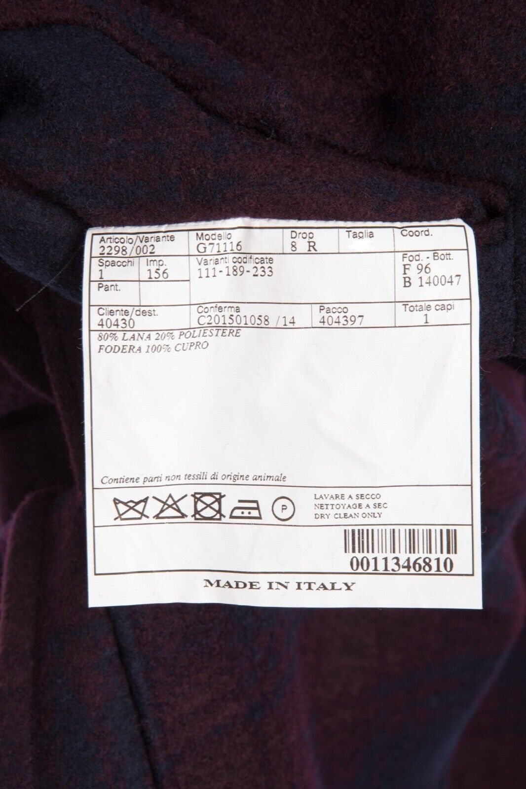 $1980 BELVEST Wool Check Burgundy Blue Jacket 38 US / 48 EU Drop 7R