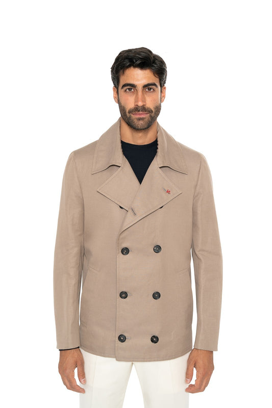 $3800 ISAIA NAPOLI Beige Handmade Caban Peacoat Coat Cotton / Linen 38 US  48 EU