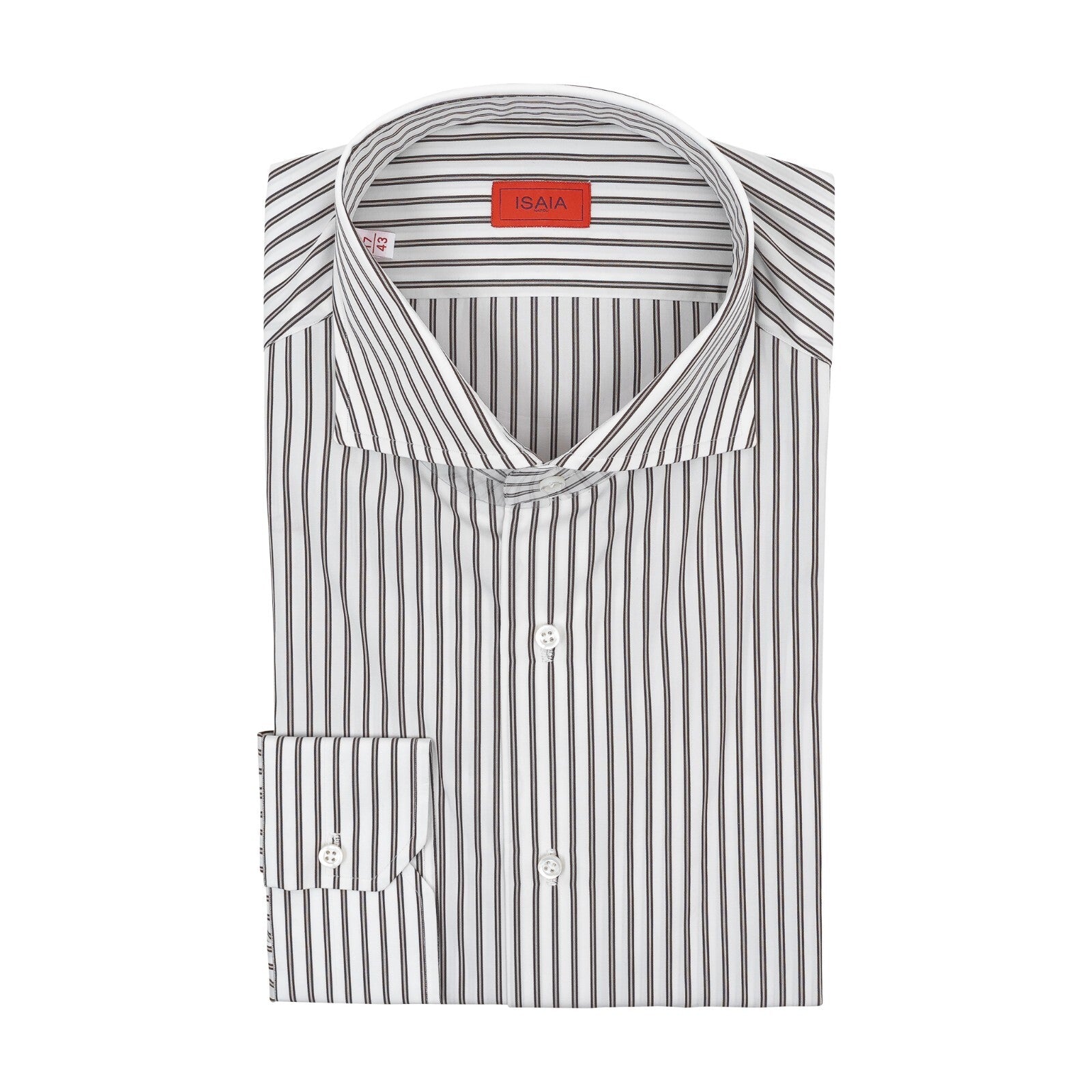 690$ ISAIA NAPOLI Striped White & Brown Hand-Sewn Dress Shirt Cotton