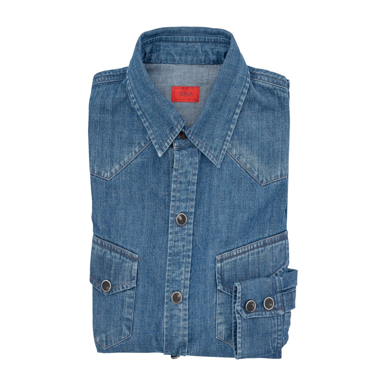 690$ ISAIA NAPOLI Blue Hand-Sewn Casual Shirt Heavy Denim Cotton  15.5 - 39