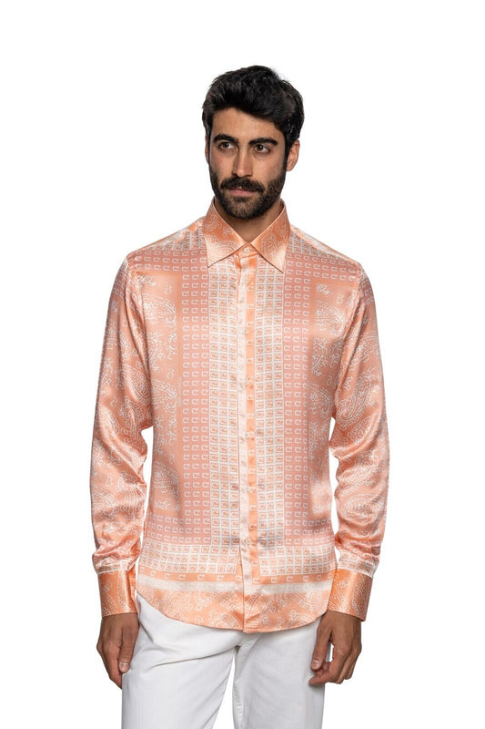 1900$ ITALIAN LUXURY FABIO CAVIGLIA Shirt  Salmon "CF " 100% Silk Size M