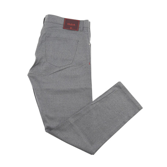 1100$ ISAIA NAPOLI Gray 5 Pocket Pant Wool + Leather Tag Slim Fit 38 US / 54 EU