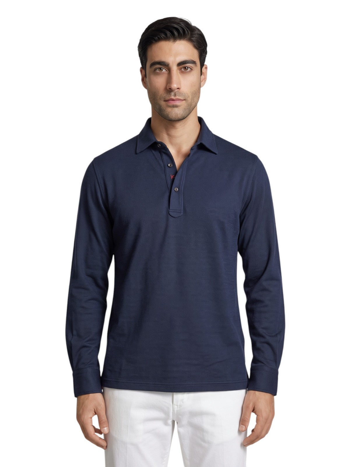 1200$ ISAIA NAPOLI Midnight Blue Polo Long Sleeve 100% Wool - Made in italy