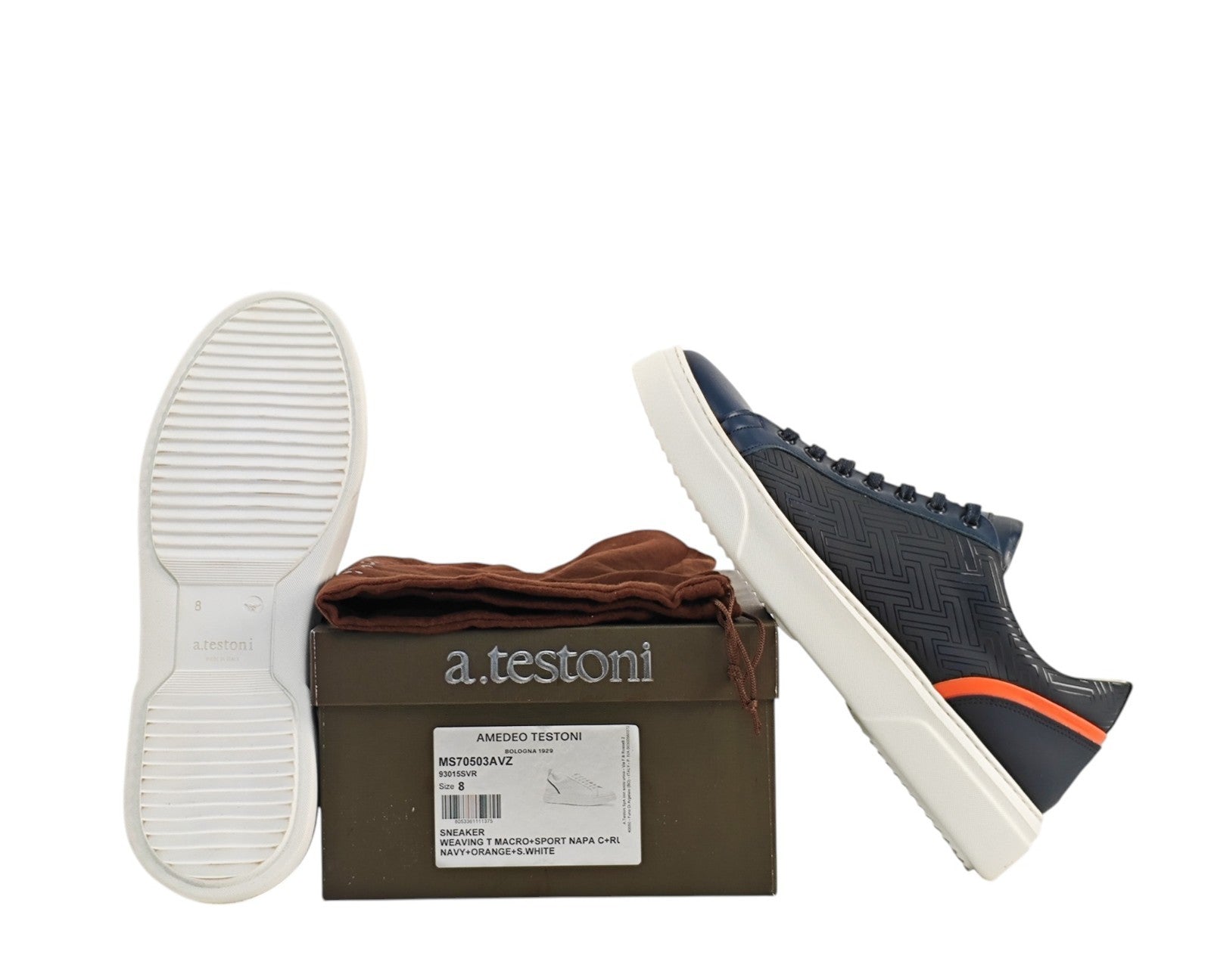 700$ TESTONI Sneaker Weaving Calf Navy Blue & Orange 8 UK  / 9 US / 42 IT