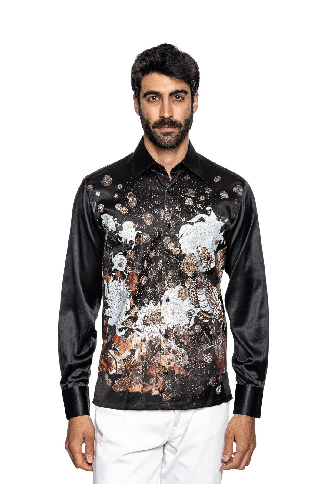 1900$ ITALIAN LUXURY FABIO CAVIGLIA Shirt Strass Black GARDEN 100% Silk Size S