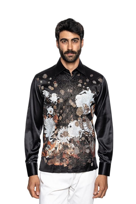 1900$ ITALIAN LUXURY FABIO CAVIGLIA Shirt Strass Black GARDEN 100% Silk Size S