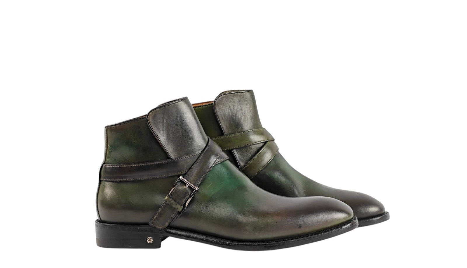 1650$ TESTONI "Piuma" Ankle Boot Hand Patina Calf Green Forest 8 UK  9 US  42 IT
