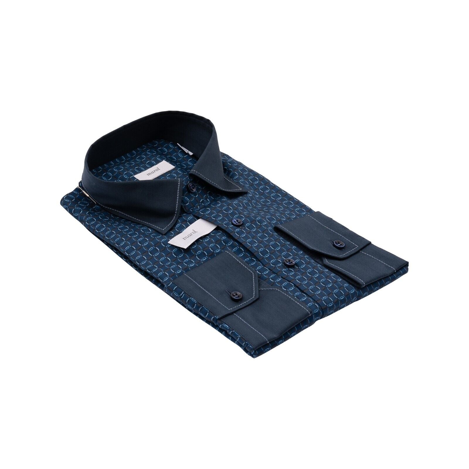 1400$ LUXURY MAROL BOLOGNA Shirt Blue "Rings" 100% Alumo Cotton  15.75 - 40
