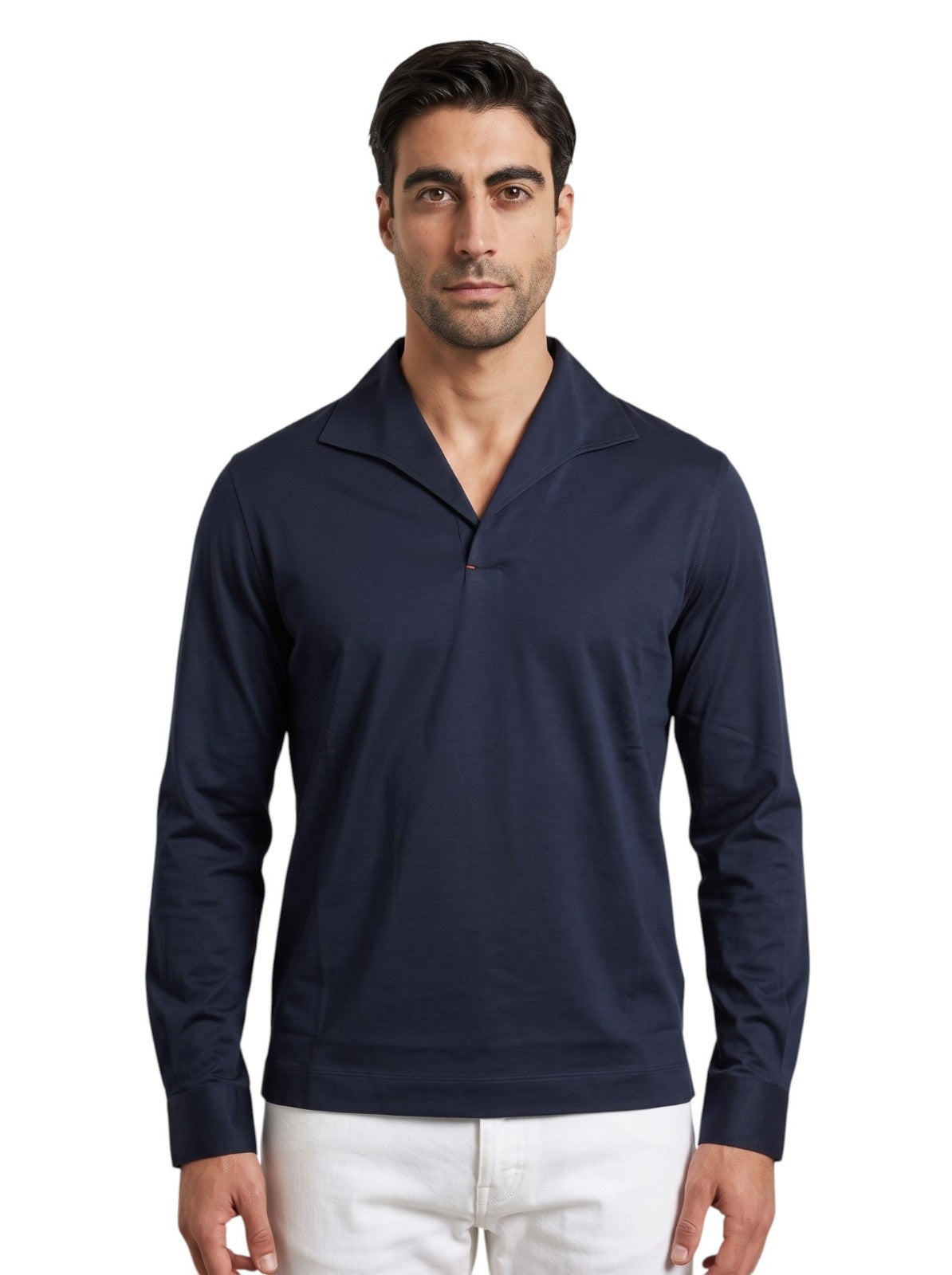 850$ ISAIA Blue Navy Camp Collar Polo Long Sleeve 100% Cotton Lisle Size M