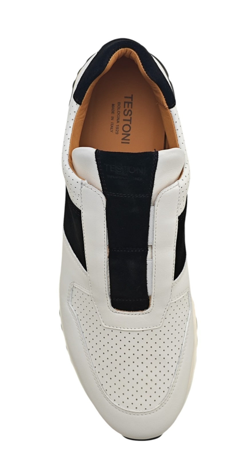 $900 TESTONI "Cuneo" White / Black Sneaker Shoes Perforated Calf & Suede