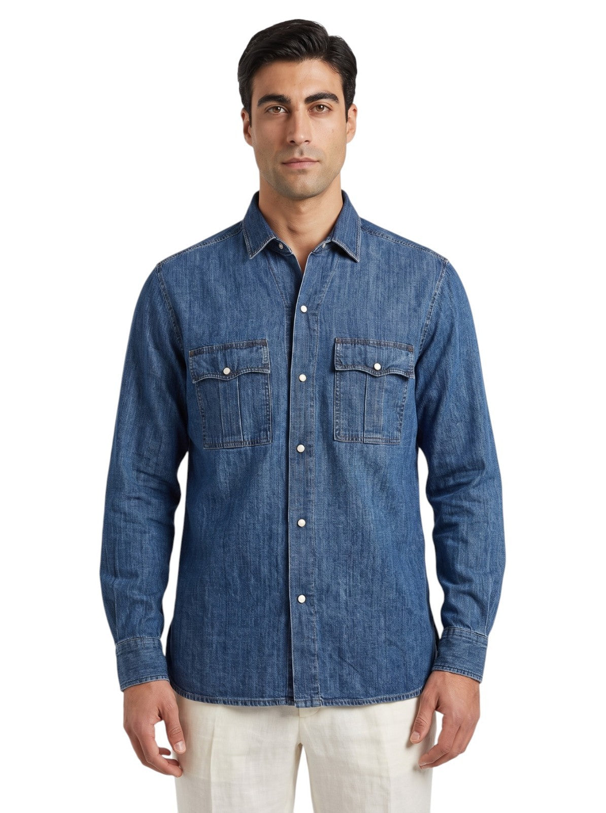 730$ ISAIA NAPOLI Denim Western Shirt Hand-Sewn Blue Cotton 15.75 - 40