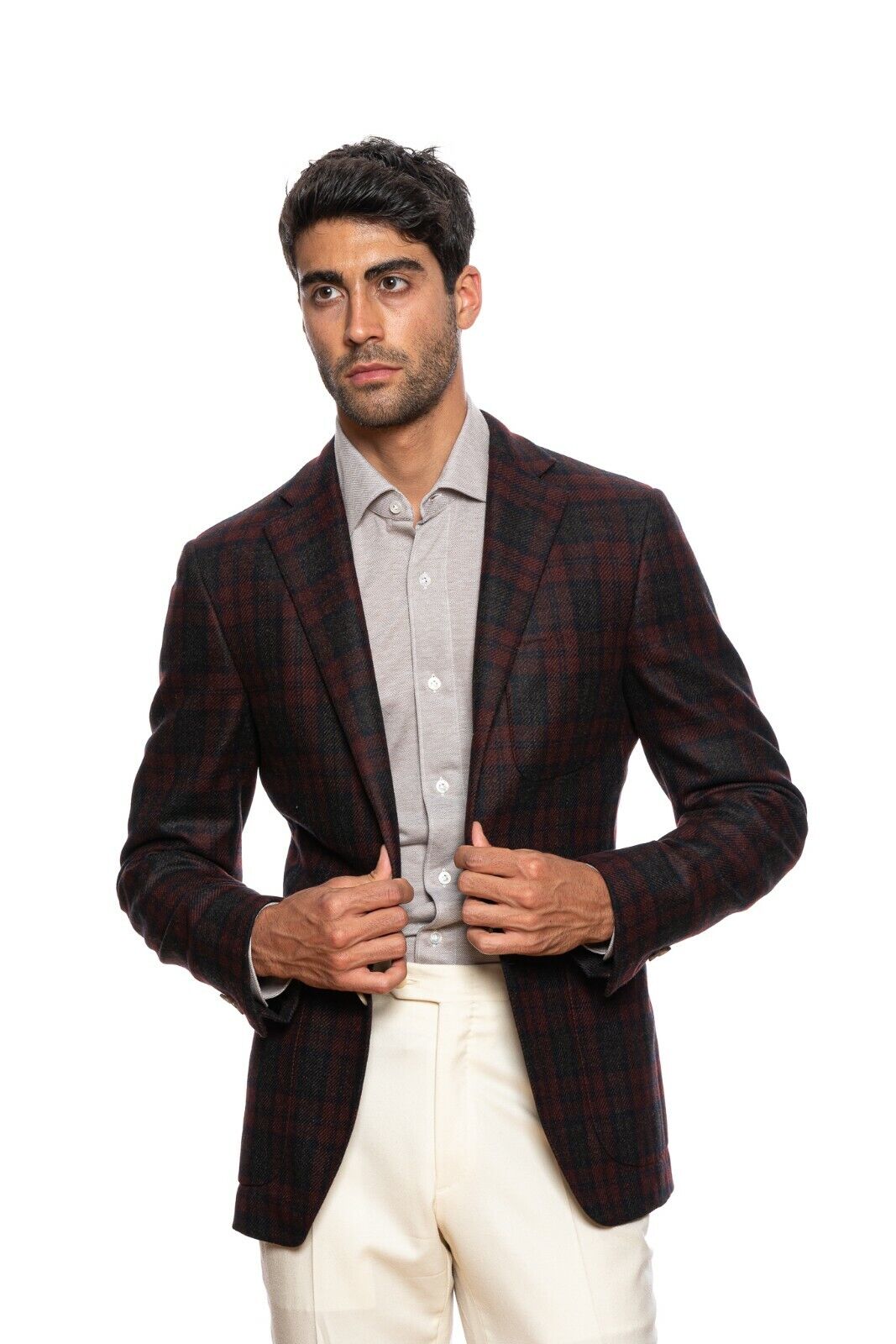 $2450 BELVEST Burgundy Blue Check Wool Cashmere Jacket 39 US  49 EU Drop 9R Slim