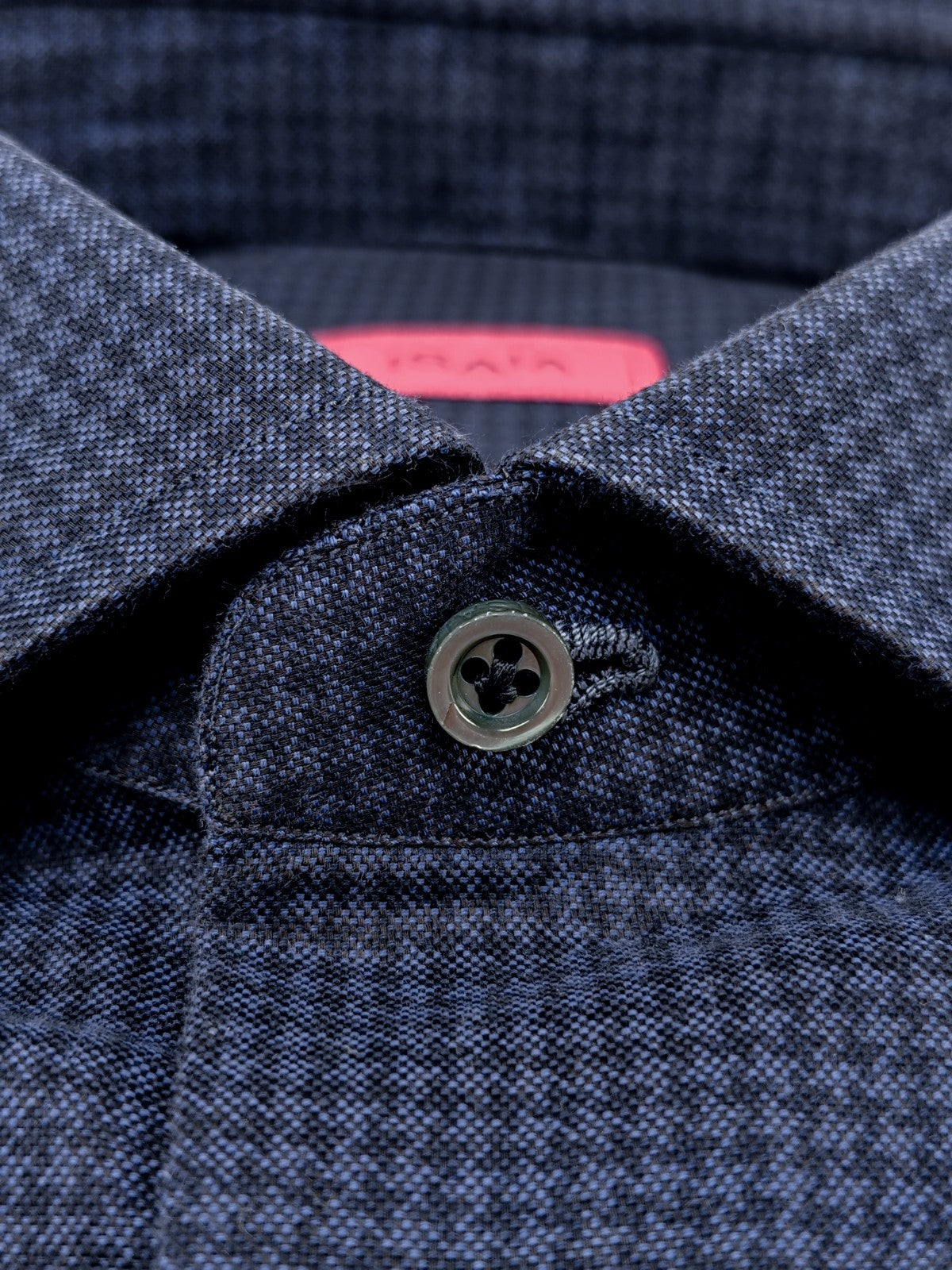 730$ ISAIA NAPOLI "Mix" Blue Houndstooth Dress Shirt Hand-Sewn Medium Cotton