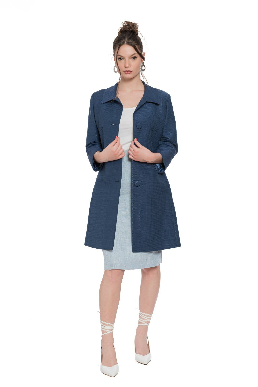 2490$ BELVEST Blue Micro Dots Woman Coat Lined in SILK 42 IT / 6 US / 38 FR