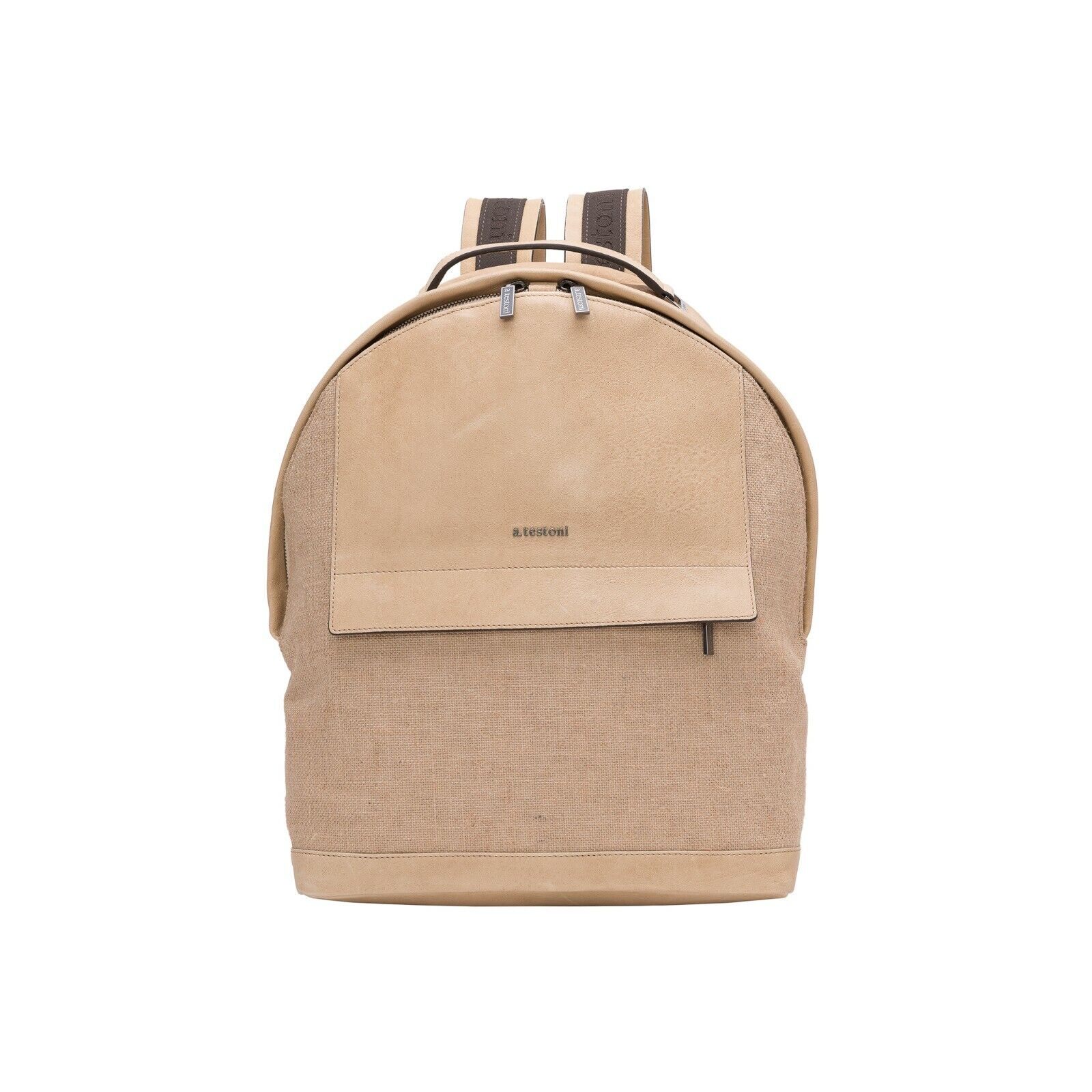 $960 Testoni Bologna Sand Luxury Backpack Juta Canvas + Washed Lambskin