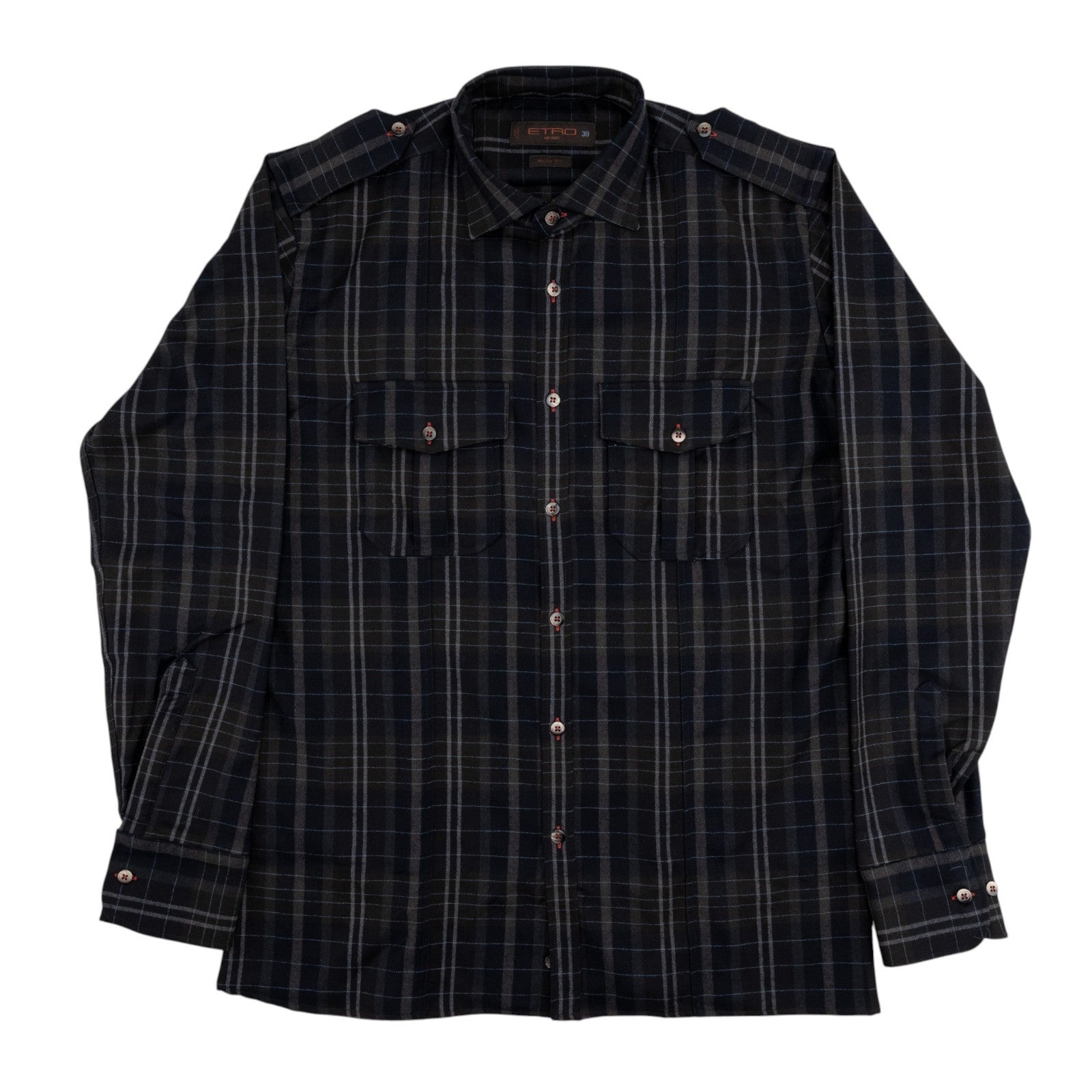 650$ ETRO MILANO Safari Shirt Striped Blue Slim Fit 100% Flannel Wool 15.5 - 39