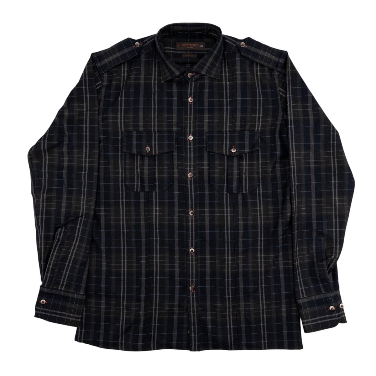 650$ ETRO MILANO Safari Shirt Striped Blue Slim Fit 100% Flannel Wool 15.5 - 39